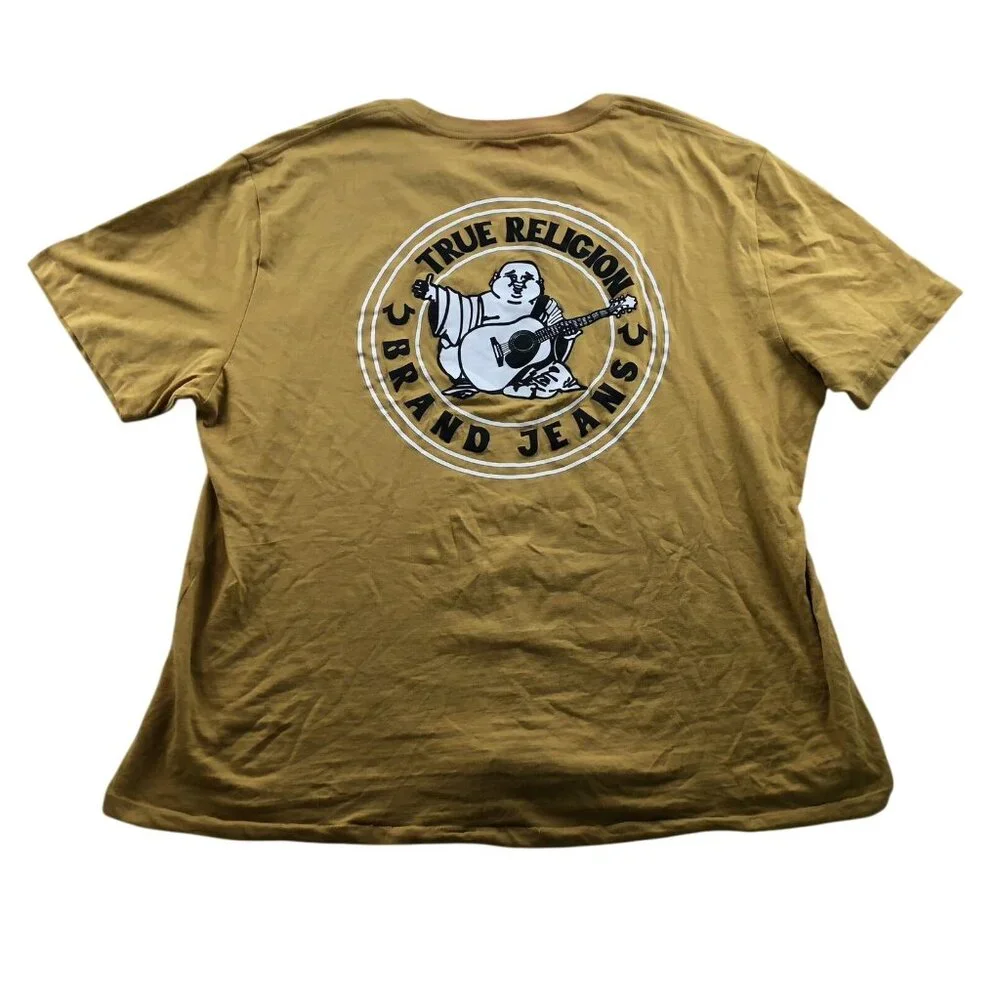 True Religion Mens T-Shirt Size 2XL Short Sleeve Yellow Graphic Tee Casual Crew